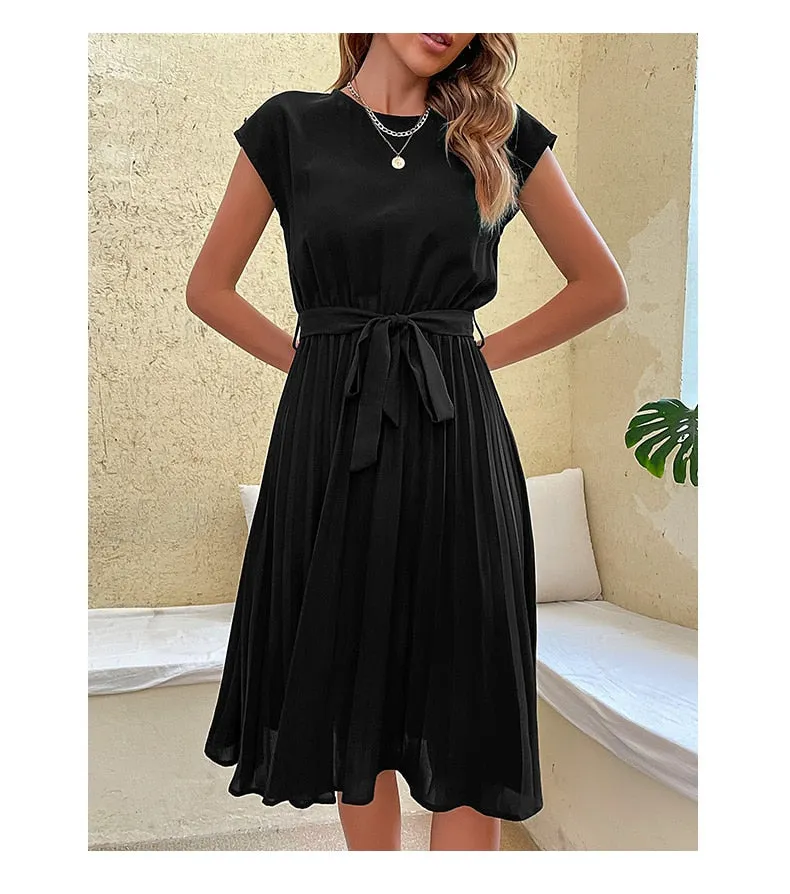 Elegant Women Summer Casual Beach Sundress Short Sleeve Pleated Midi Dress Soild Colour O Neck Tunic Dresses Fashion