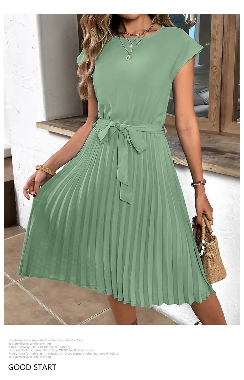 Elegant Women Summer Casual Beach Sundress Short Sleeve Pleated Midi Dress Soild Colour O Neck Tunic Dresses Fashion