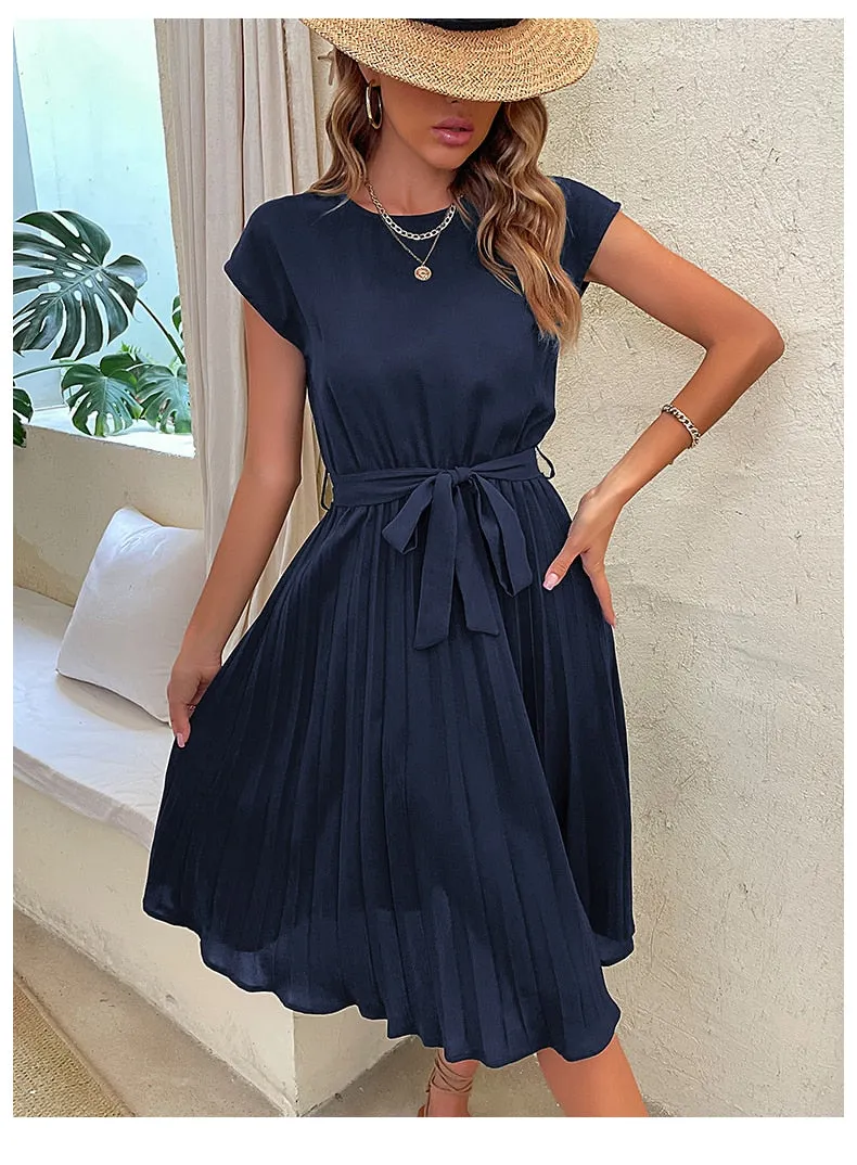Elegant Women Summer Casual Beach Sundress Short Sleeve Pleated Midi Dress Soild Colour O Neck Tunic Dresses Fashion