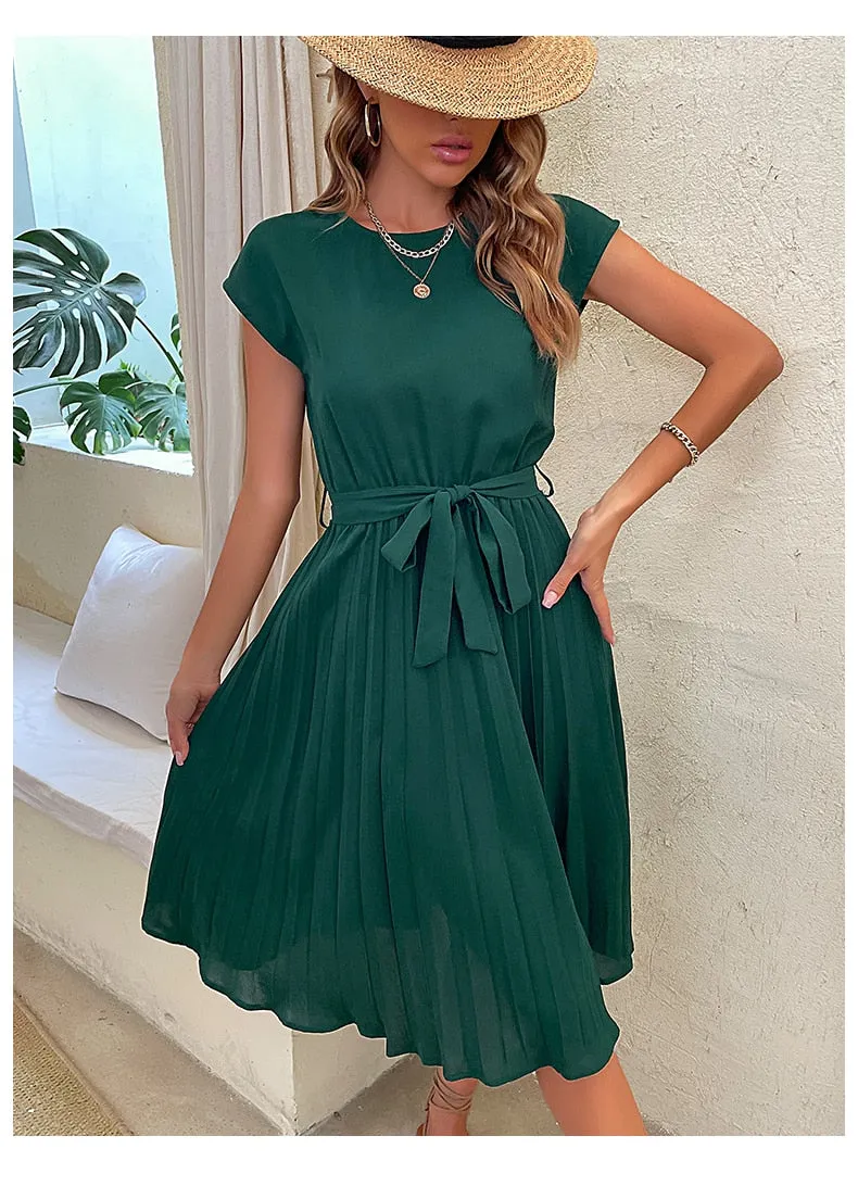Elegant Women Summer Casual Beach Sundress Short Sleeve Pleated Midi Dress Soild Colour O Neck Tunic Dresses Fashion