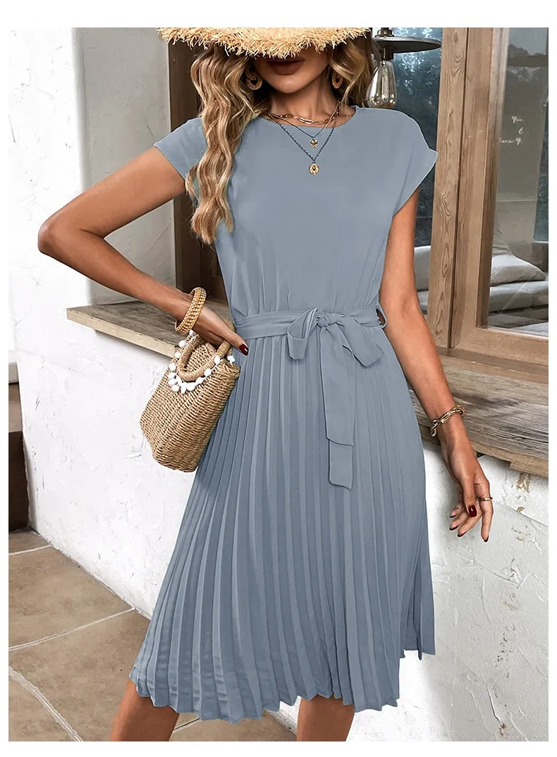Elegant Women Summer Casual Beach Sundress Short Sleeve Pleated Midi Dress Soild Colour O Neck Tunic Dresses Fashion