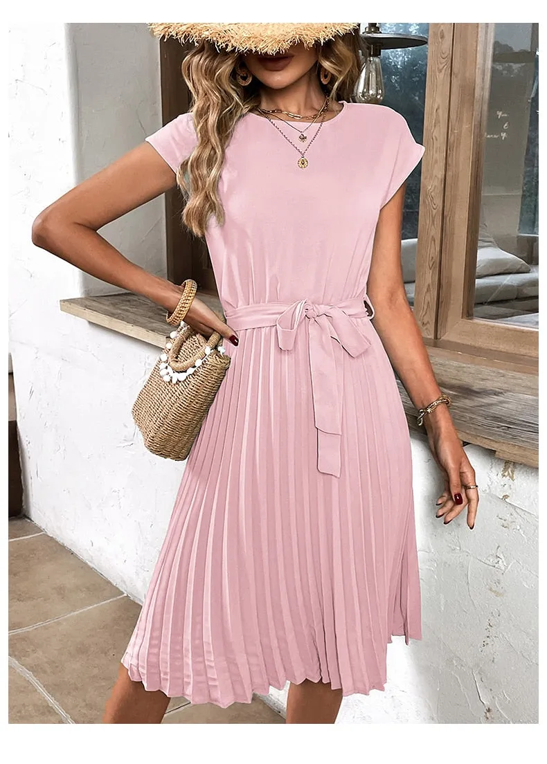 Elegant Women Summer Casual Beach Sundress Short Sleeve Pleated Midi Dress Soild Colour O Neck Tunic Dresses Fashion