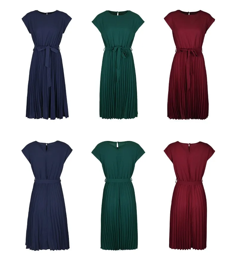 Elegant Women Summer Casual Beach Sundress Short Sleeve Pleated Midi Dress Soild Colour O Neck Tunic Dresses Fashion