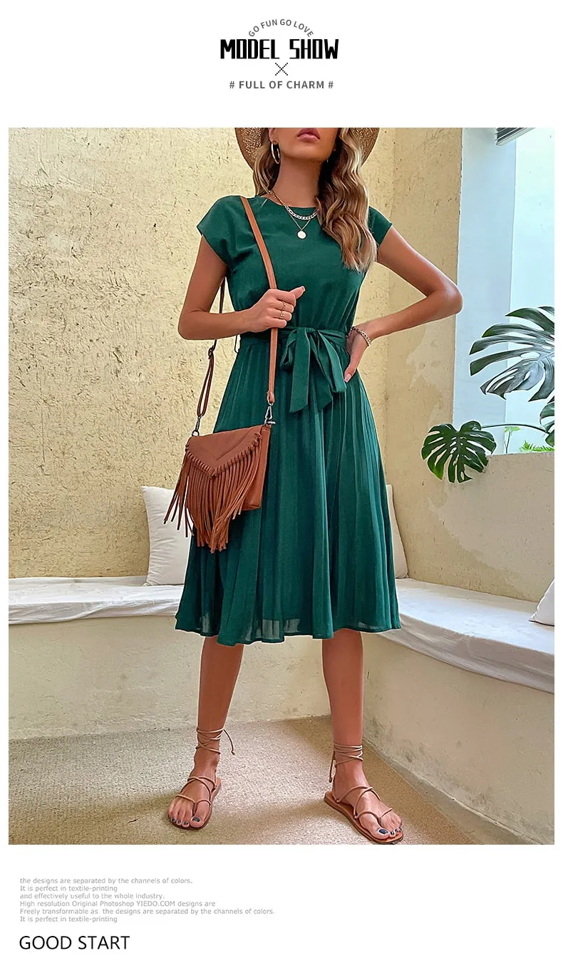 Elegant Women Summer Casual Beach Sundress Short Sleeve Pleated Midi Dress Soild Colour O Neck Tunic Dresses Fashion