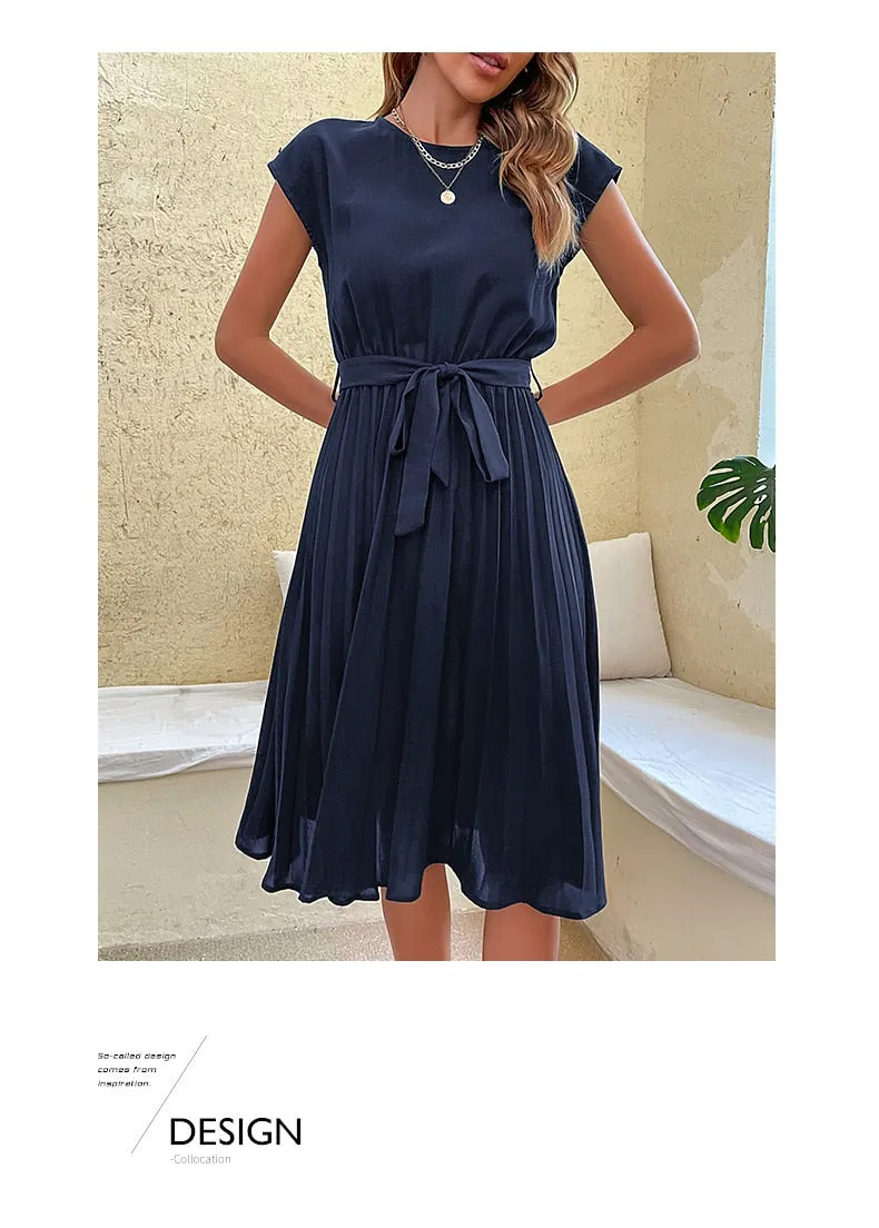 Elegant Women Summer Casual Beach Sundress Short Sleeve Pleated Midi Dress Soild Colour O Neck Tunic Dresses Fashion