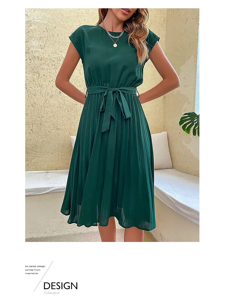 Elegant Women Summer Casual Beach Sundress Short Sleeve Pleated Midi Dress Soild Colour O Neck Tunic Dresses Fashion