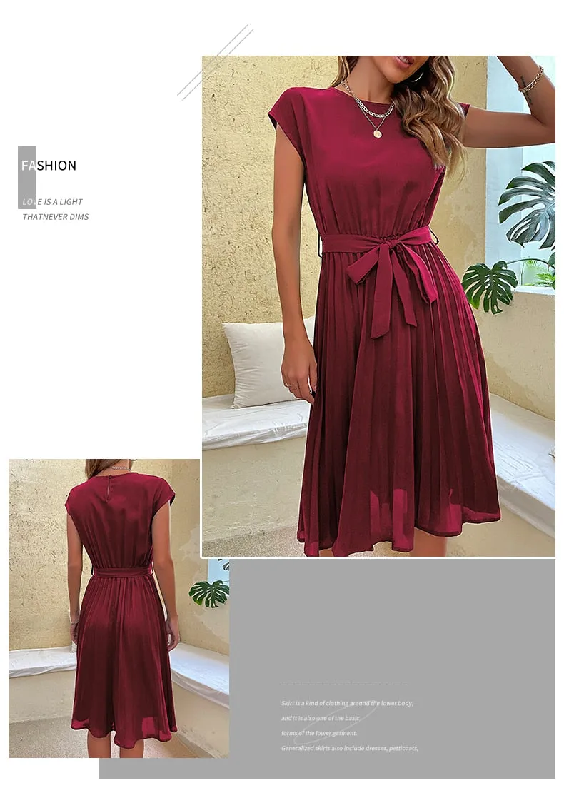 Elegant Women Summer Casual Beach Sundress Short Sleeve Pleated Midi Dress Soild Colour O Neck Tunic Dresses Fashion