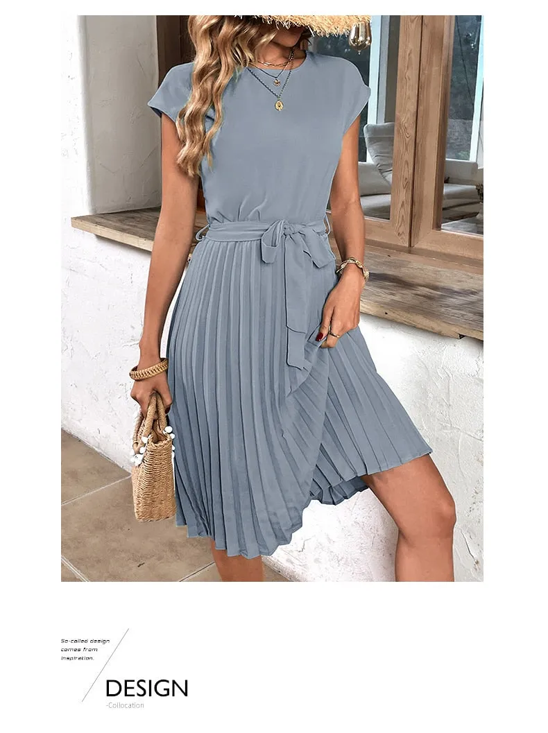 Elegant Women Summer Casual Beach Sundress Short Sleeve Pleated Midi Dress Soild Colour O Neck Tunic Dresses Fashion