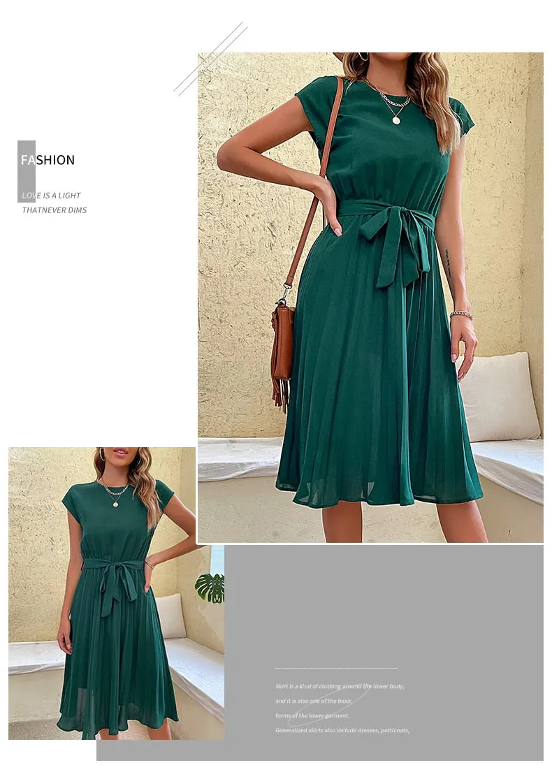 Elegant Women Summer Casual Beach Sundress Short Sleeve Pleated Midi Dress Soild Colour O Neck Tunic Dresses Fashion