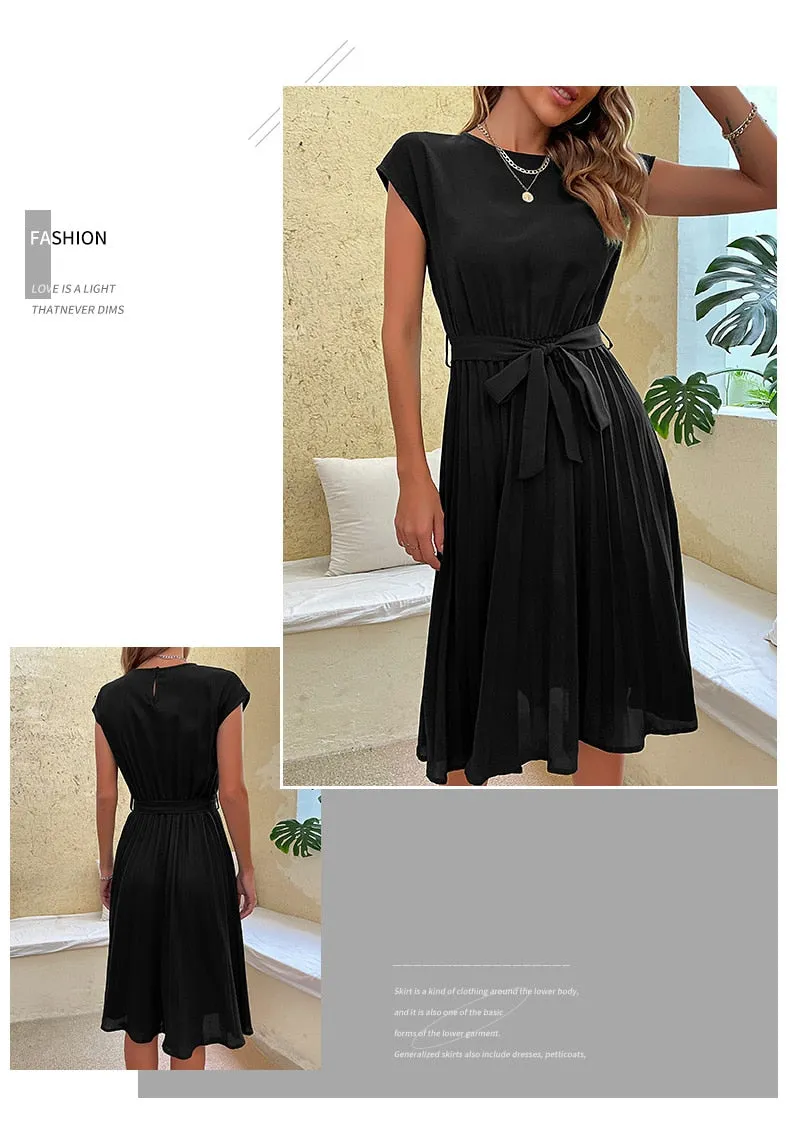 Elegant Women Summer Casual Beach Sundress Short Sleeve Pleated Midi Dress Soild Colour O Neck Tunic Dresses Fashion