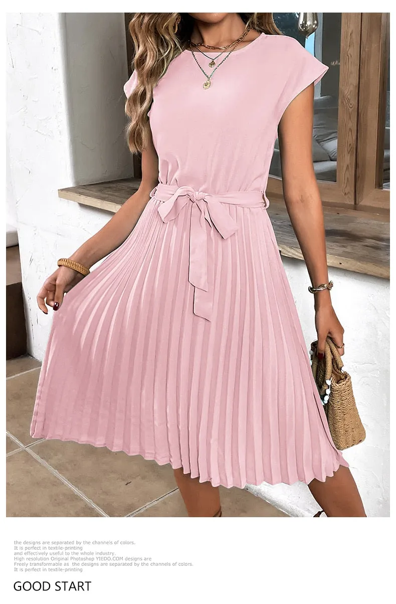 Elegant Women Summer Casual Beach Sundress Short Sleeve Pleated Midi Dress Soild Colour O Neck Tunic Dresses Fashion
