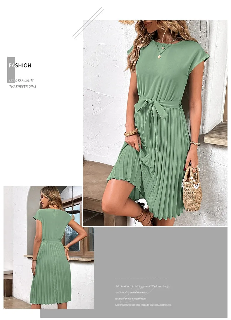 Elegant Women Summer Casual Beach Sundress Short Sleeve Pleated Midi Dress Soild Colour O Neck Tunic Dresses Fashion
