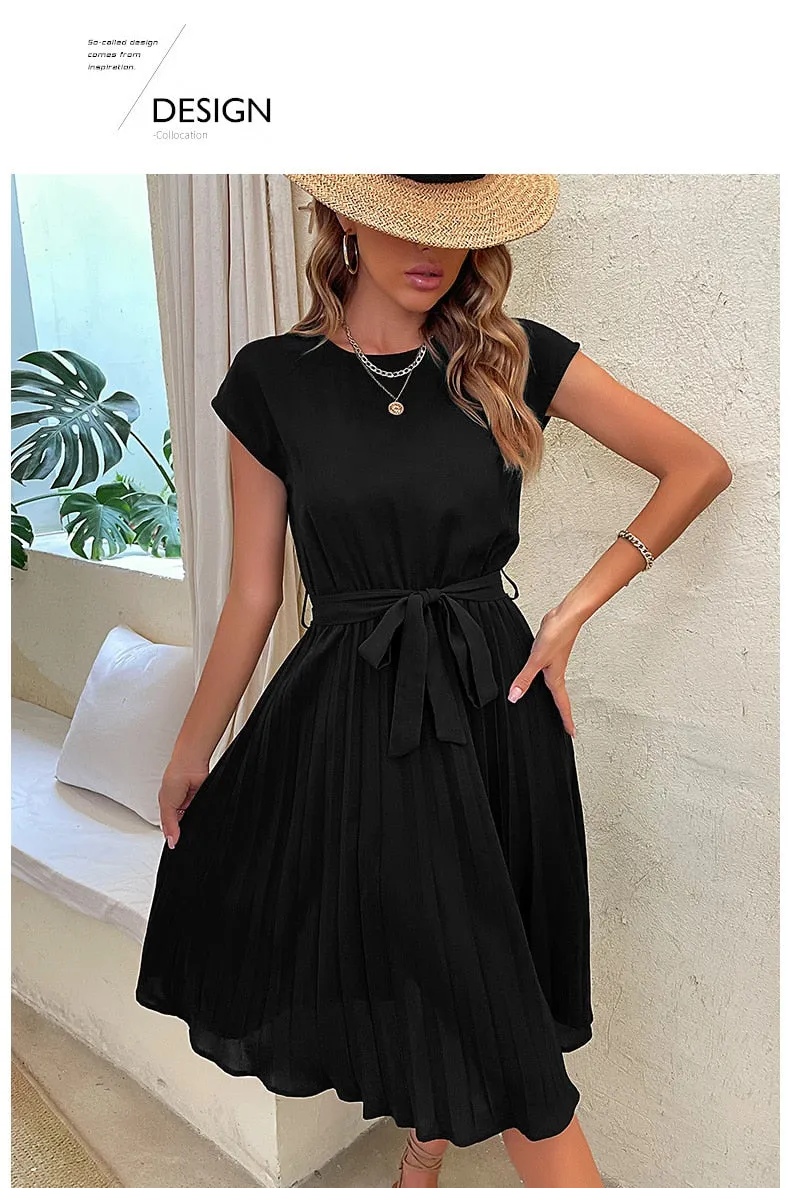 Elegant Women Summer Casual Beach Sundress Short Sleeve Pleated Midi Dress Soild Colour O Neck Tunic Dresses Fashion