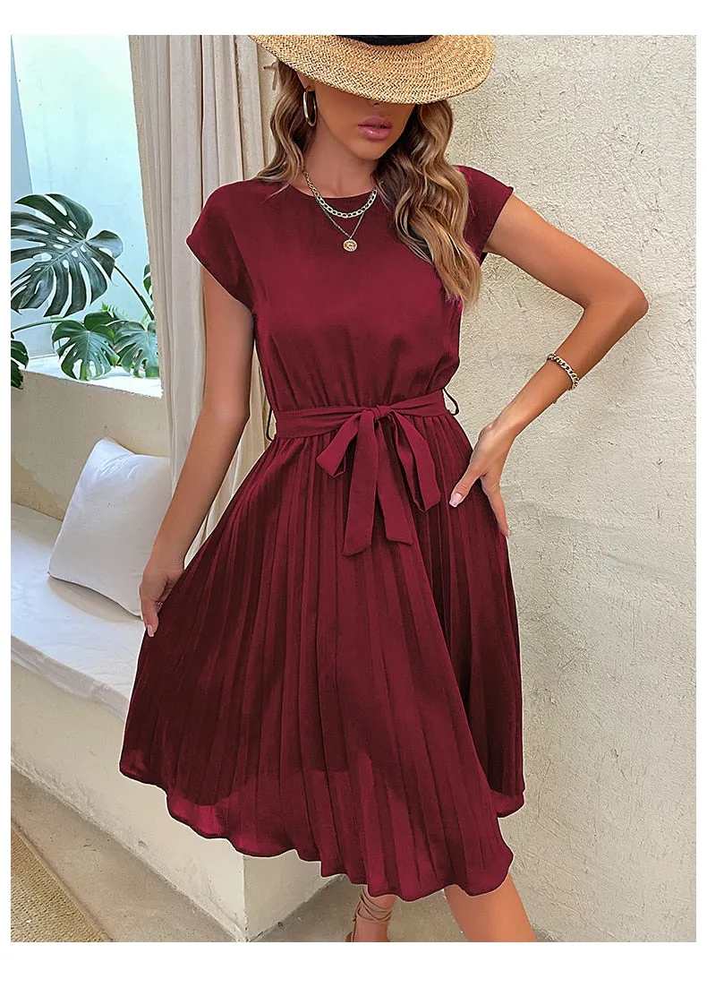 Elegant Women Summer Casual Beach Sundress Short Sleeve Pleated Midi Dress Soild Colour O Neck Tunic Dresses Fashion