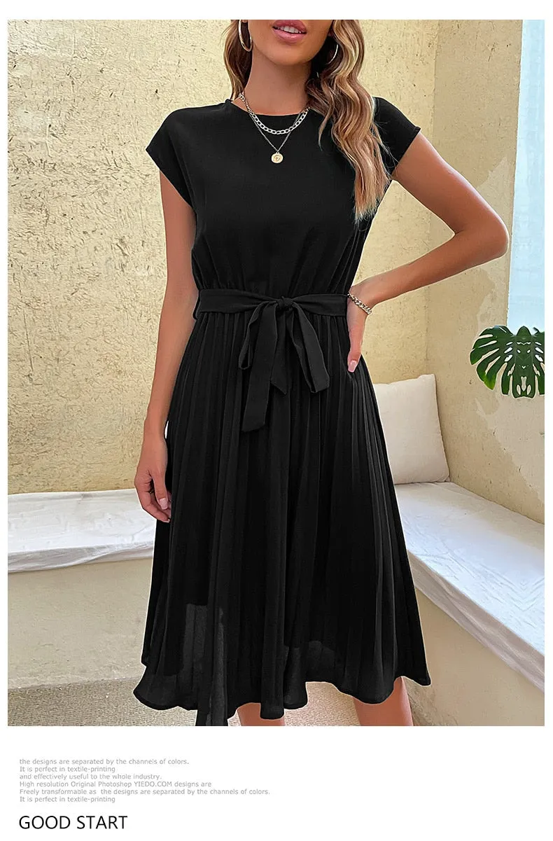 Elegant Women Summer Casual Beach Sundress Short Sleeve Pleated Midi Dress Soild Colour O Neck Tunic Dresses Fashion
