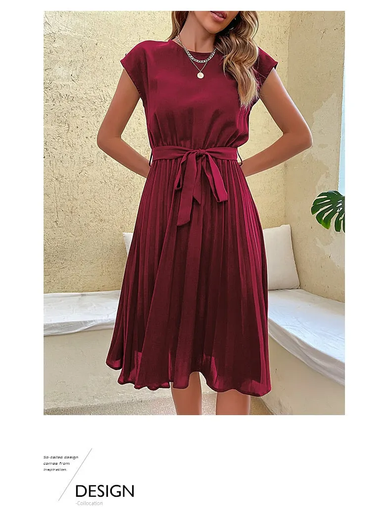 Elegant Women Summer Casual Beach Sundress Short Sleeve Pleated Midi Dress Soild Colour O Neck Tunic Dresses Fashion