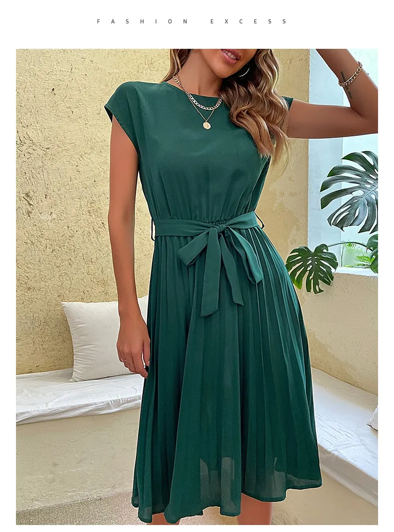 Elegant Women Summer Casual Beach Sundress Short Sleeve Pleated Midi Dress Soild Colour O Neck Tunic Dresses Fashion