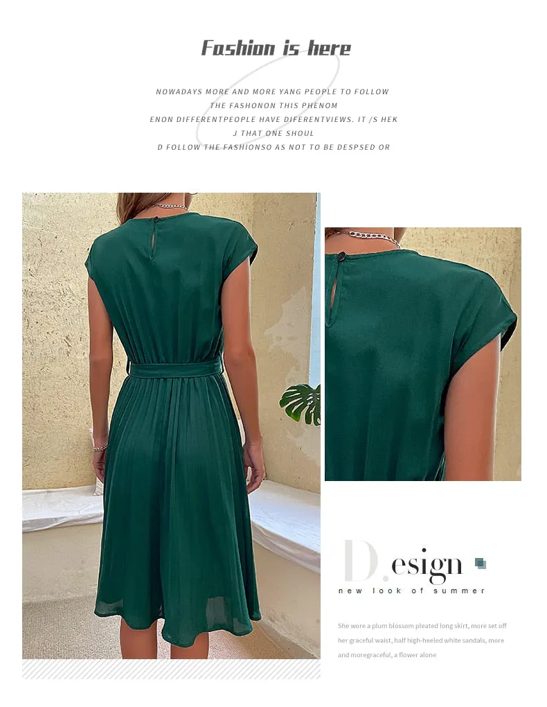 Elegant Women Summer Casual Beach Sundress Short Sleeve Pleated Midi Dress Soild Colour O Neck Tunic Dresses Fashion