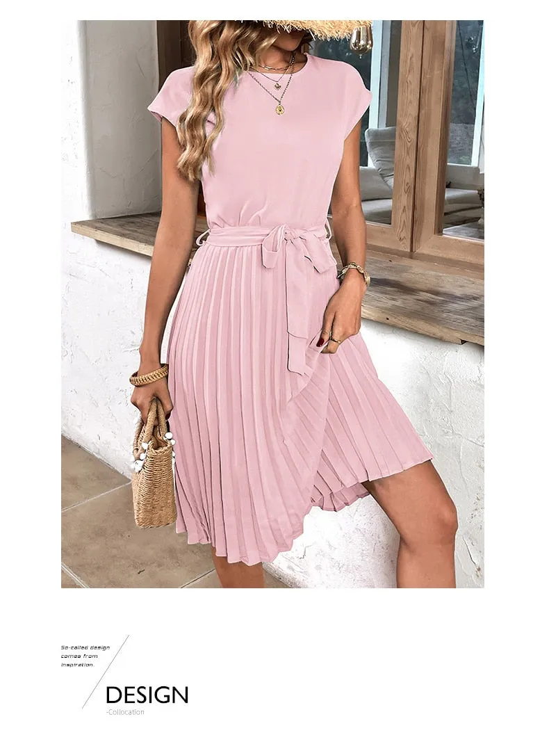 Elegant Women Summer Casual Beach Sundress Short Sleeve Pleated Midi Dress Soild Colour O Neck Tunic Dresses Fashion
