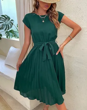 Elegant Women Summer Casual Beach Sundress Short Sleeve Pleated Midi Dress Soild Colour O Neck Tunic Dresses Fashion