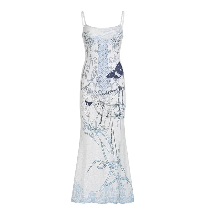 Fashion Graphic Printed Summer Long Dress Party Elegant Spaghetti Strap Sundress Maxi Vintage Female Dresses Outfits
