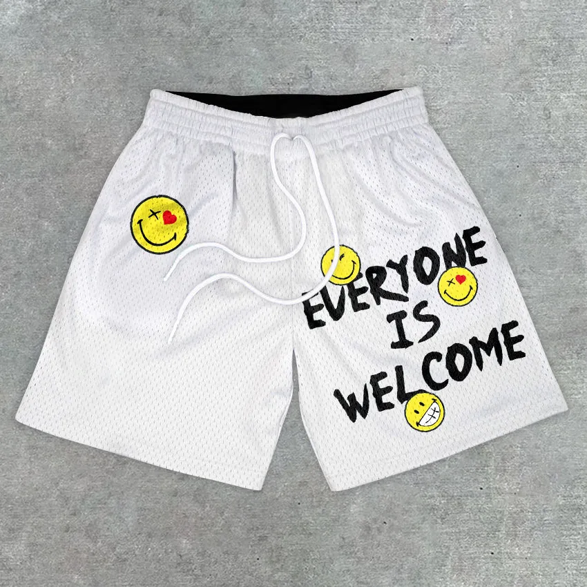 Fashion Preppy Casual Smiley Print Mesh Shorts