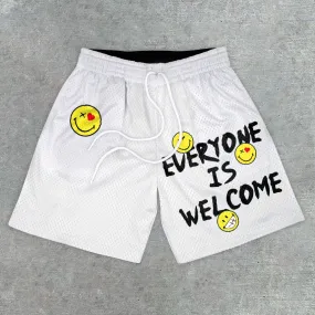 Fashion Preppy Casual Smiley Print Mesh Shorts