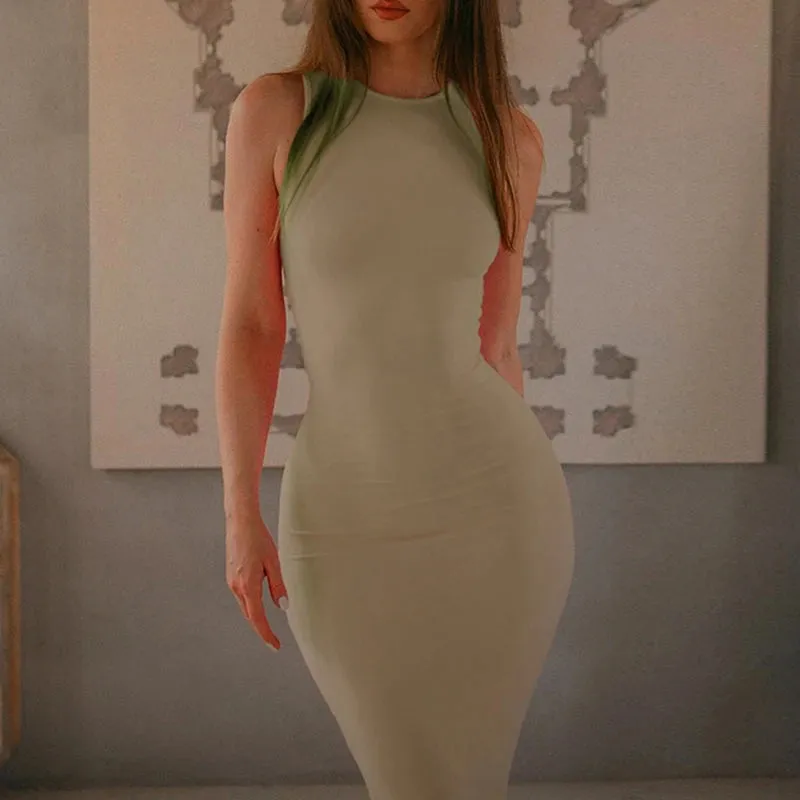 Fashion Solid Elegant Pink Long Dress Ladies Bodycon Sleeveless Sundress Basic Holidays Casual All-Match Summer Dress