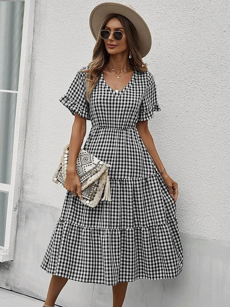 FashionSierra - Vintage Plaid Slim Ruffles High Waist Midi Sundress