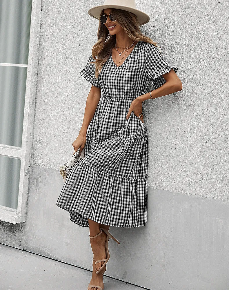 FashionSierra - Vintage Plaid Slim Ruffles High Waist Midi Sundress