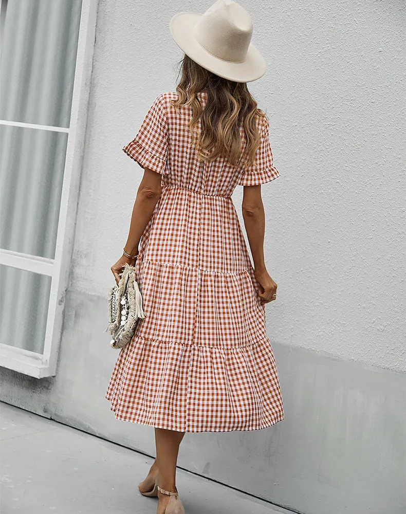 FashionSierra - Vintage Plaid Slim Ruffles High Waist Midi Sundress
