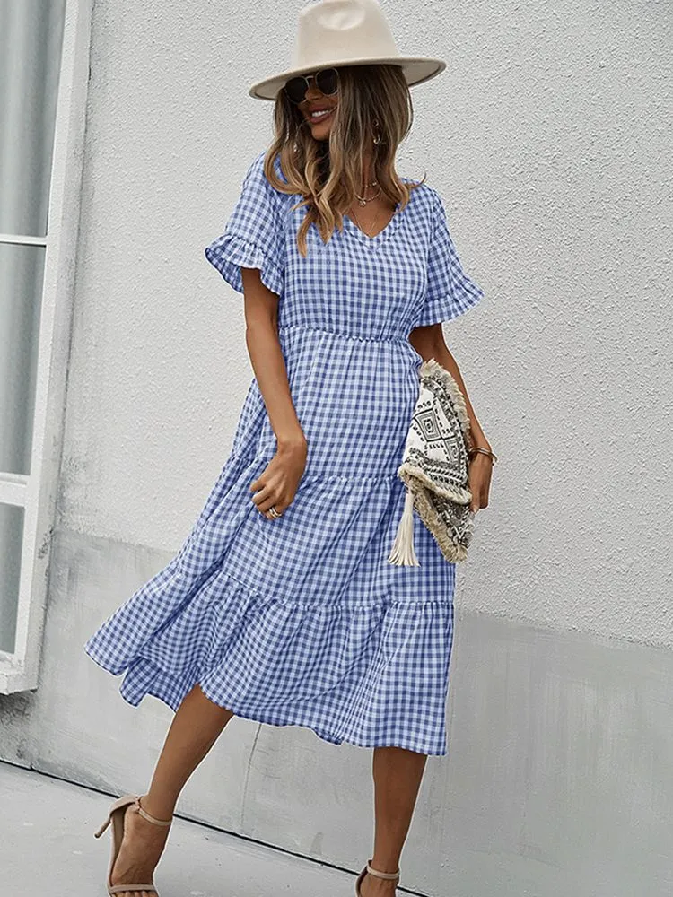 FashionSierra - Vintage Plaid Slim Ruffles High Waist Midi Sundress