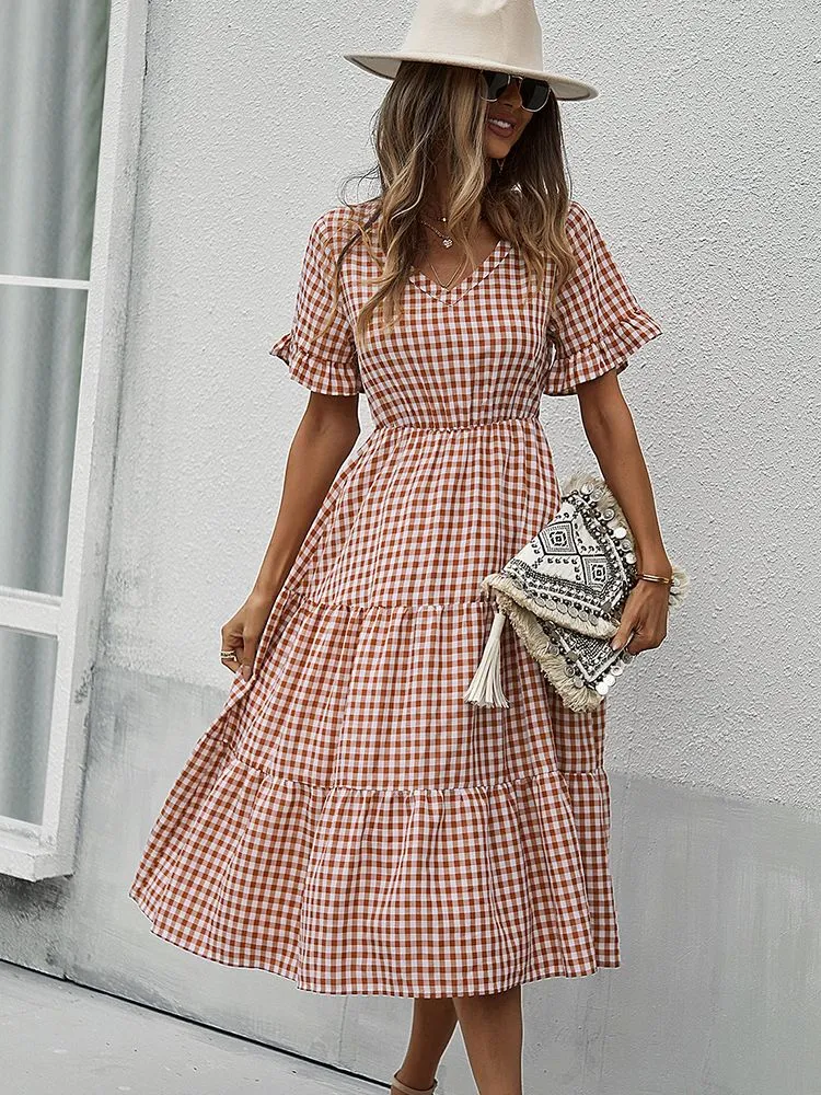 FashionSierra - Vintage Plaid Slim Ruffles High Waist Midi Sundress
