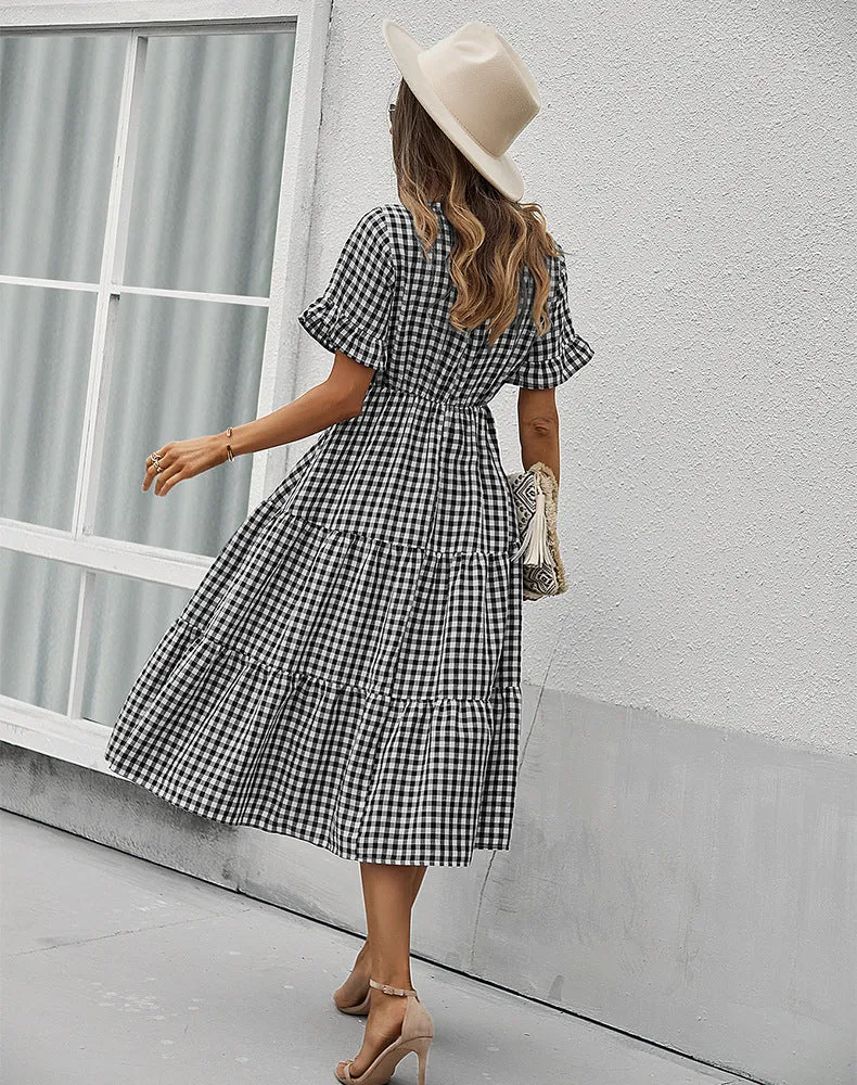 FashionSierra - Vintage Plaid Slim Ruffles High Waist Midi Sundress