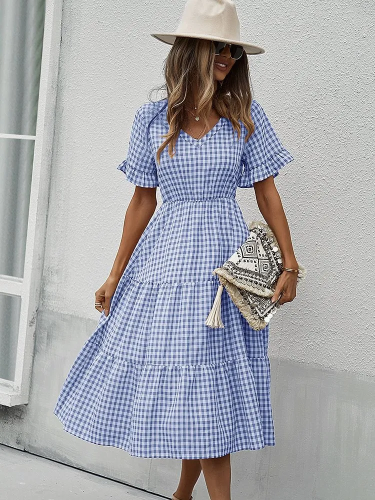 FashionSierra - Vintage Plaid Slim Ruffles High Waist Midi Sundress