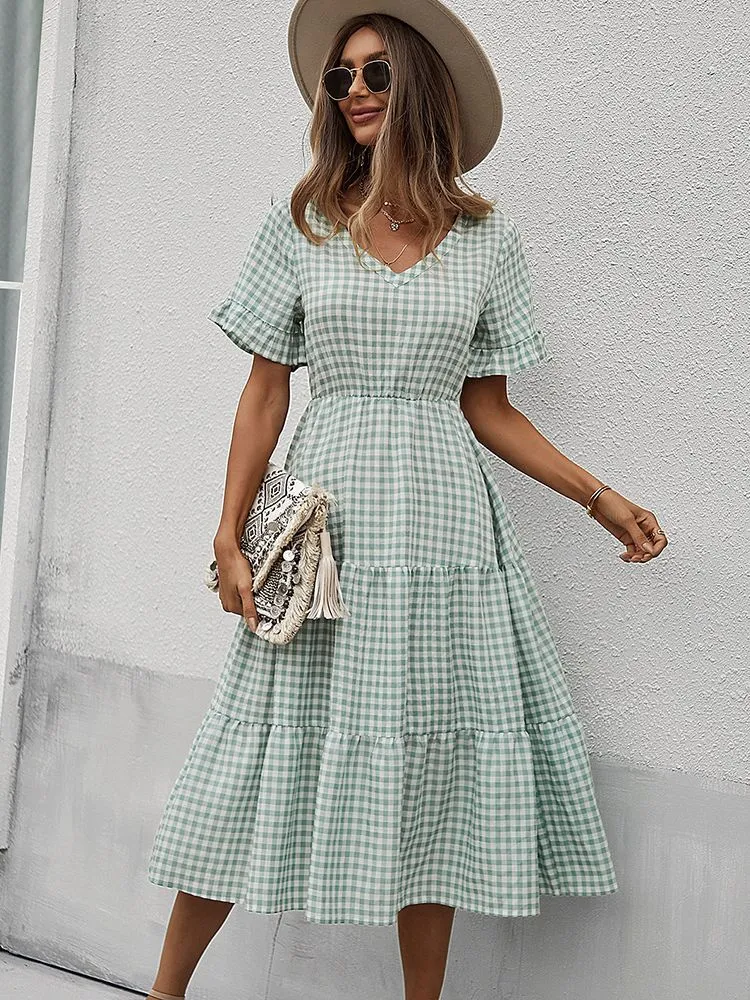 FashionSierra - Vintage Plaid Slim Ruffles High Waist Midi Sundress
