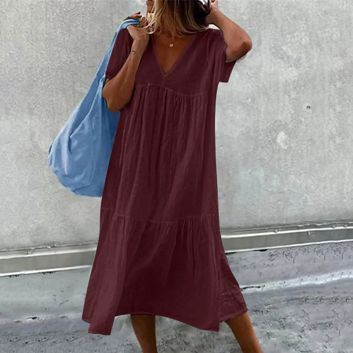 Finelylove Women's Casual Summer Dresses V Ncek Linen Shift Dress Loose Fit Comfy T-Shirt Dress Midi Beach Veacation Sundress