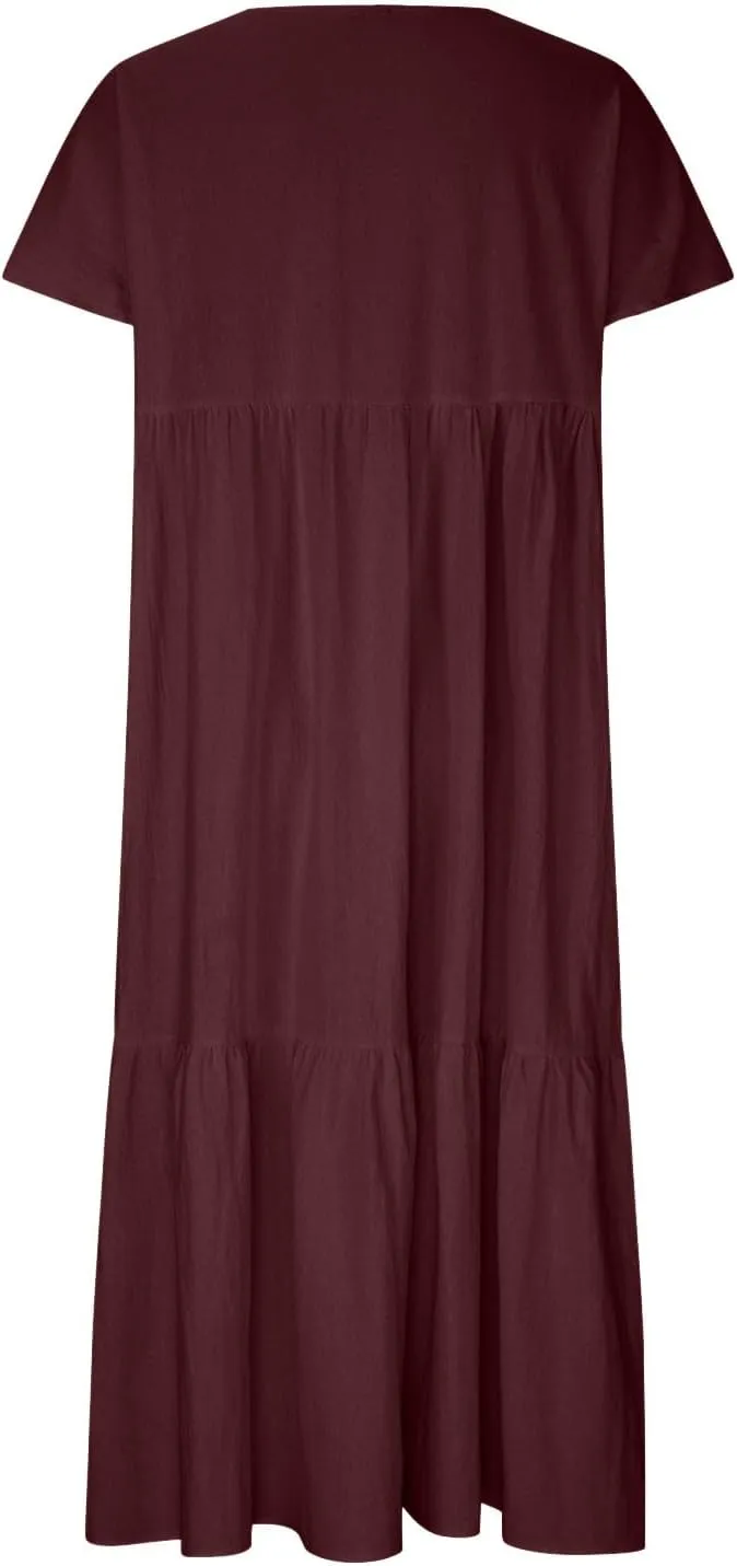 Finelylove Women's Casual Summer Dresses V Ncek Linen Shift Dress Loose Fit Comfy T-Shirt Dress Midi Beach Veacation Sundress