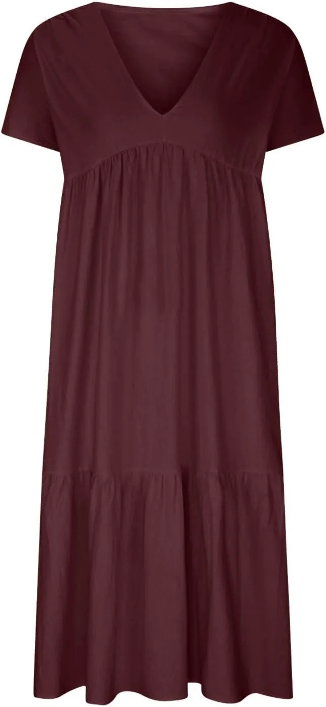 Finelylove Women's Casual Summer Dresses V Ncek Linen Shift Dress Loose Fit Comfy T-Shirt Dress Midi Beach Veacation Sundress