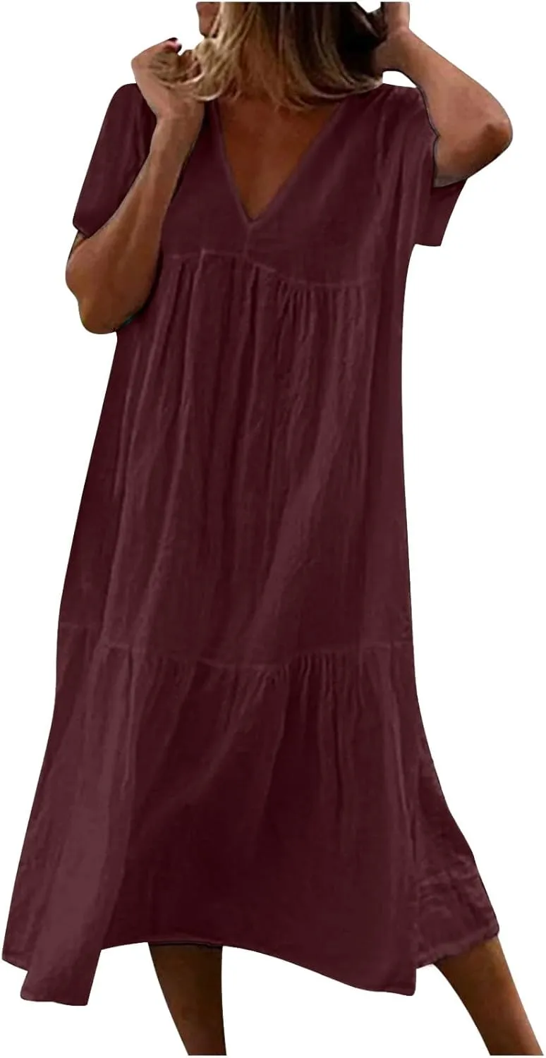 Finelylove Women's Casual Summer Dresses V Ncek Linen Shift Dress Loose Fit Comfy T-Shirt Dress Midi Beach Veacation Sundress
