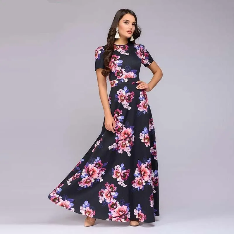 Floral Print Short Sleeve Slim Long Dress
