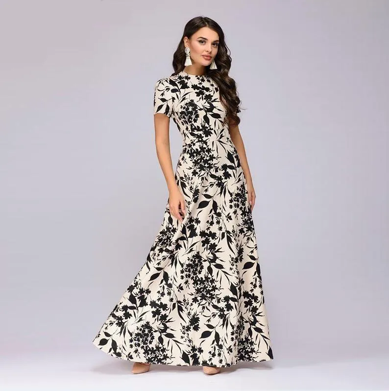 Floral Print Short Sleeve Slim Long Dress
