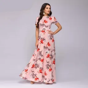 Floral Print Short Sleeve Slim Long Dress
