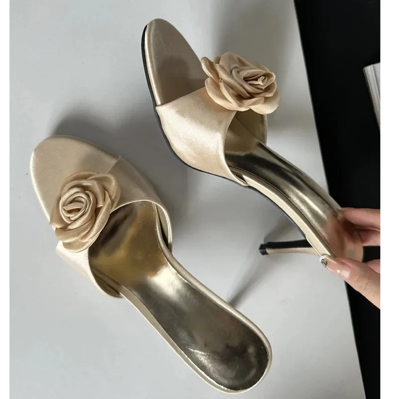 Flower Low Heel satin mules sandals