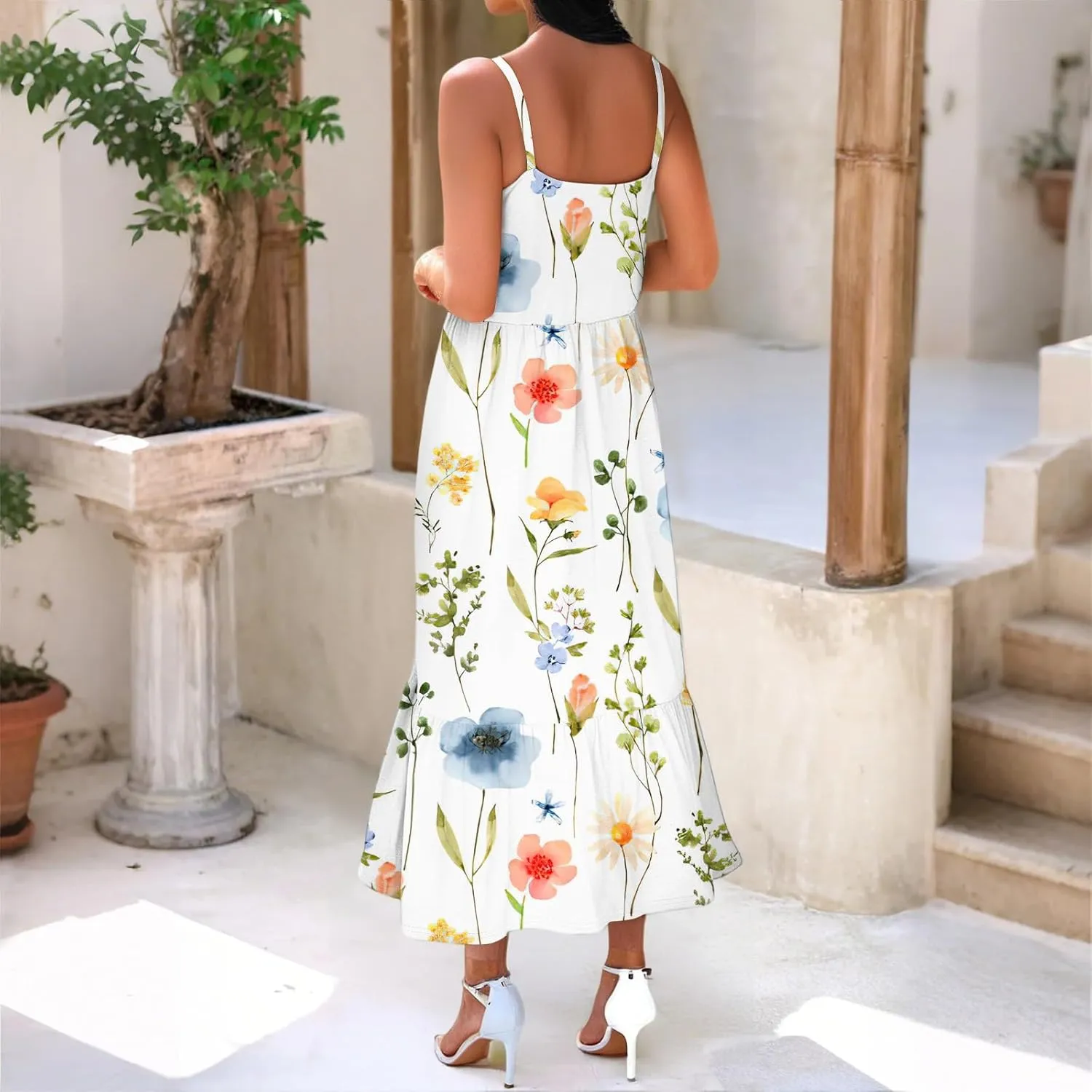 Flowy Summer Dress, Trendy Vacation Beach Casual Elegant Midi Womens Sundress