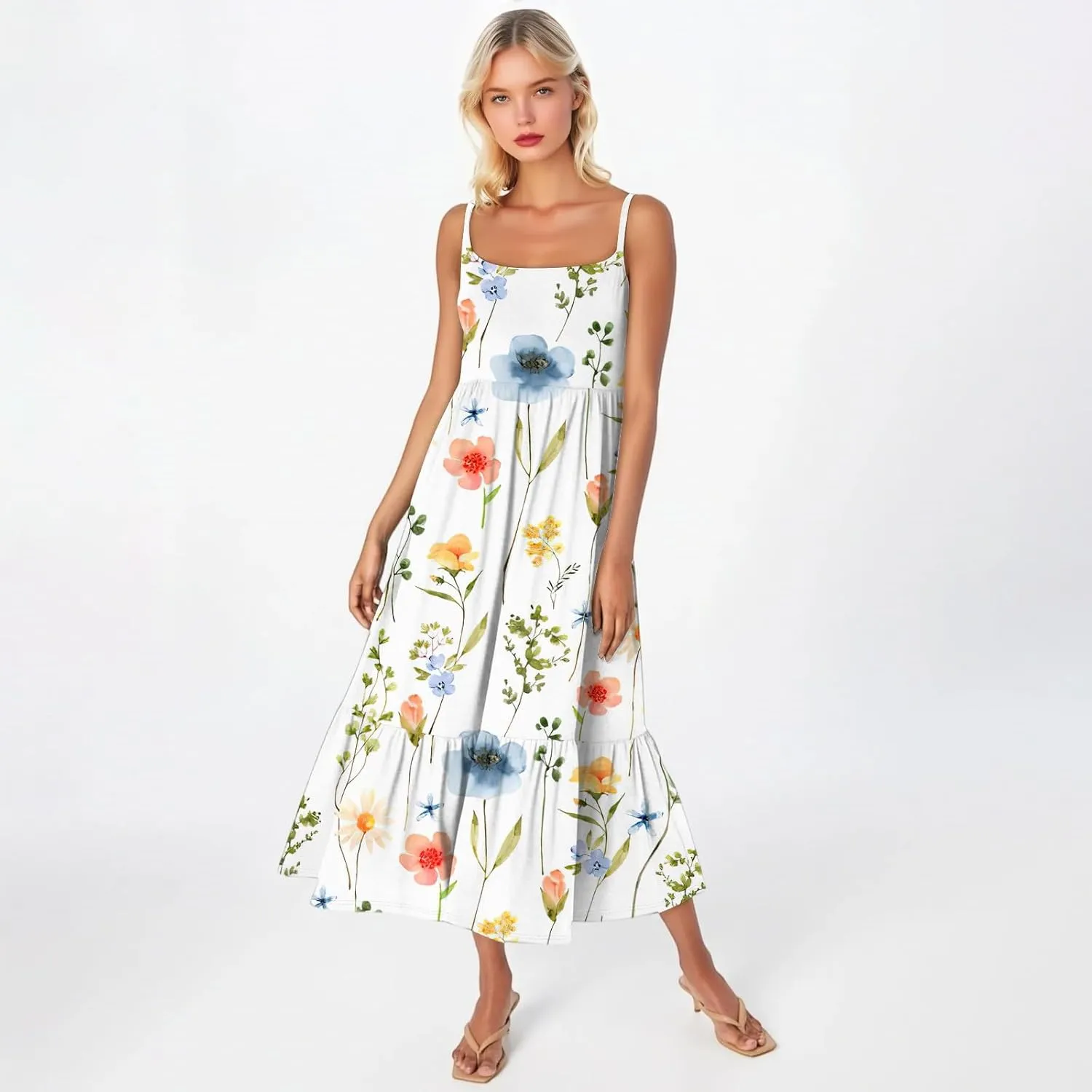 Flowy Summer Dress, Trendy Vacation Beach Casual Elegant Midi Womens Sundress