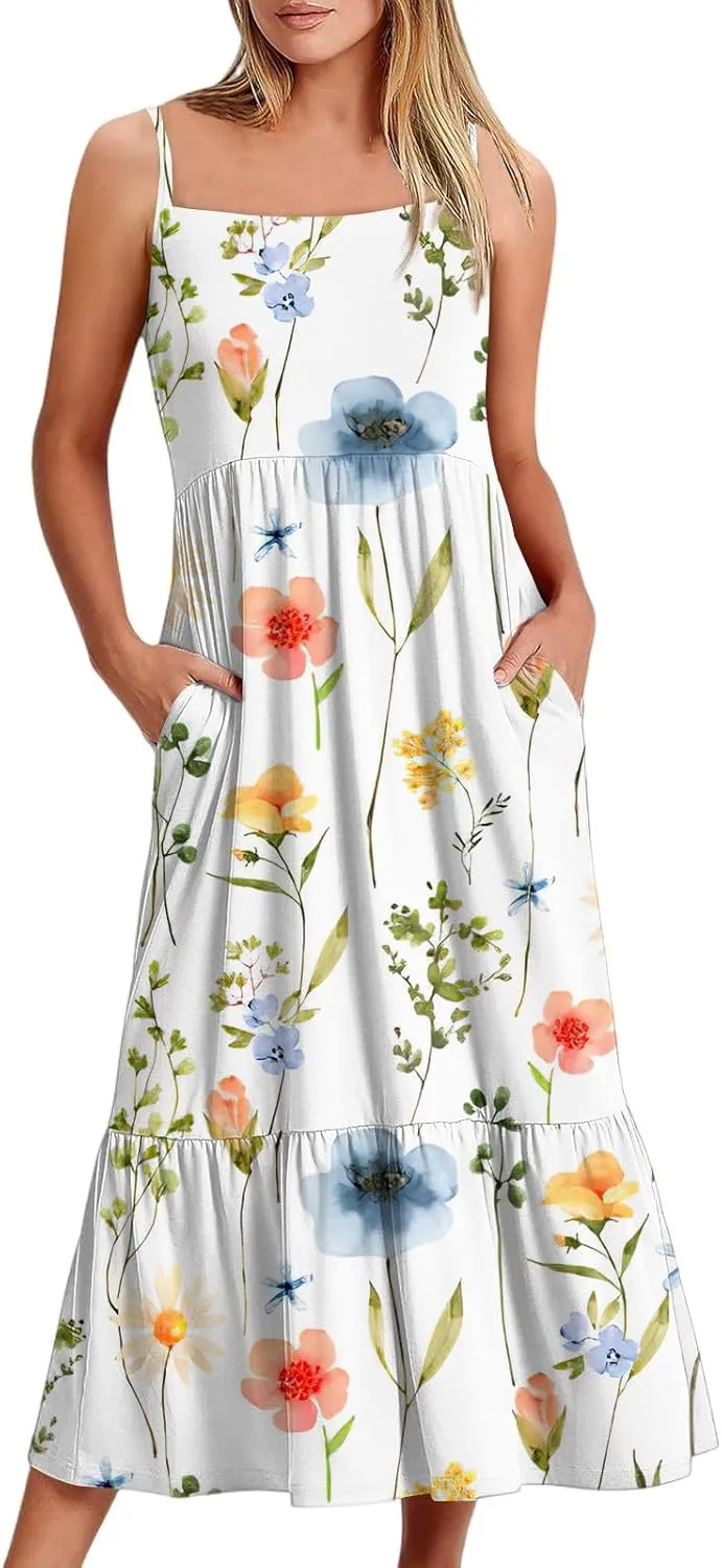 Flowy Summer Dress, Trendy Vacation Beach Casual Elegant Midi Womens Sundress
