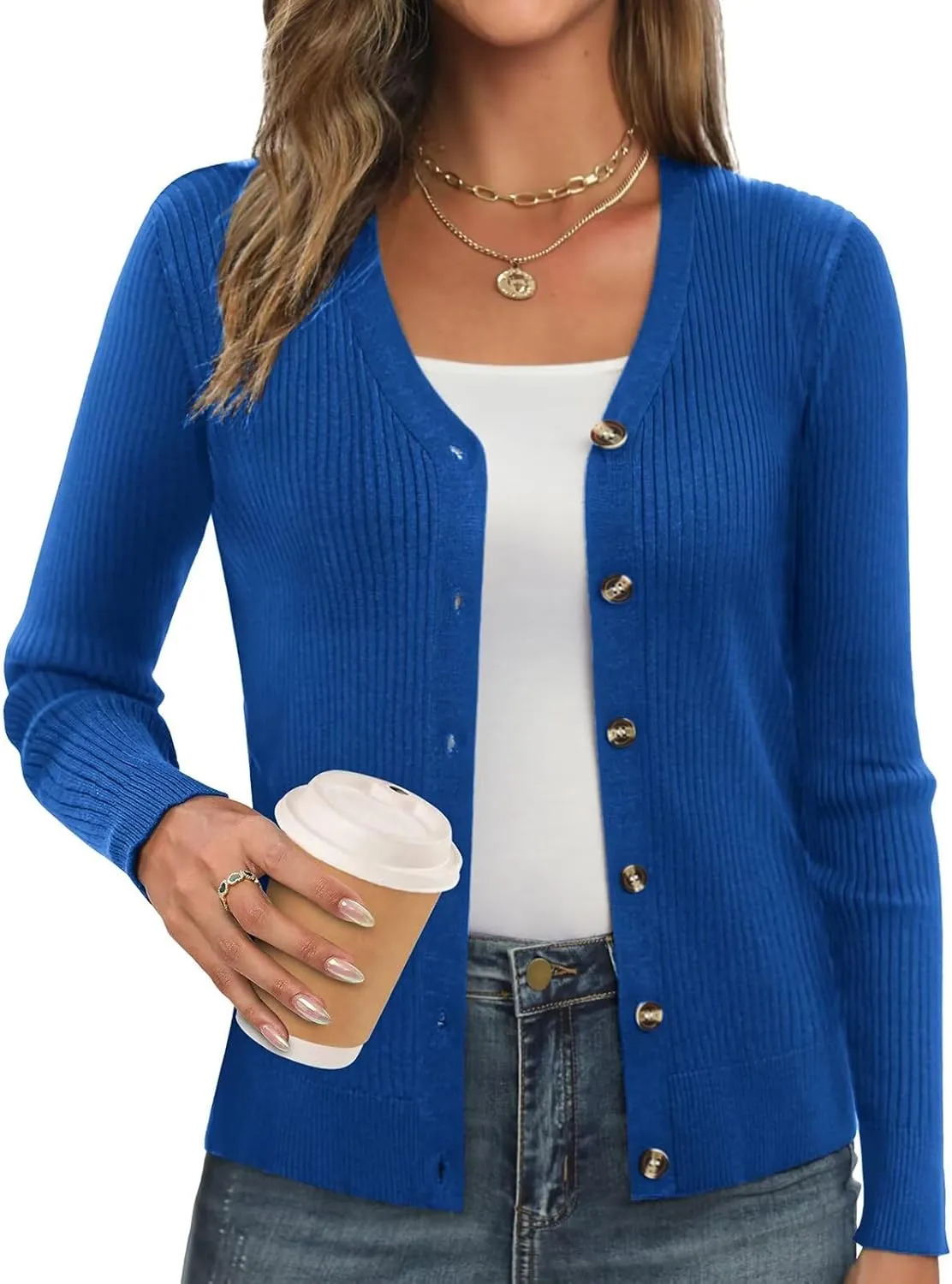 GRACE KARIN Women's Button Up V Neck Long Sleeve Soft Basic Knit Cardigan Sweater
