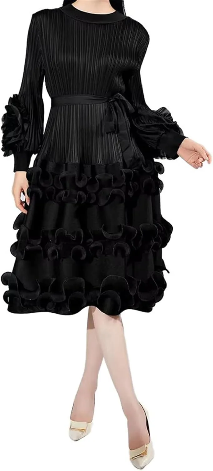 GUOYUXIAO Women's Dress Pleated Elegant Round Neck Sleeveless Skirt