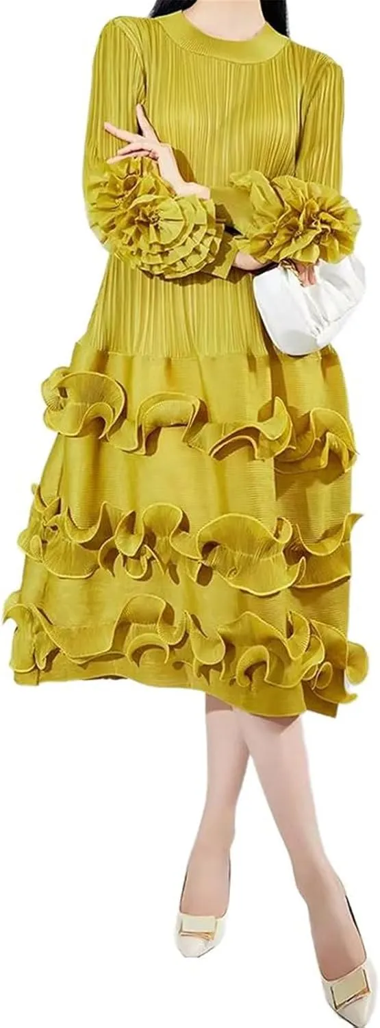 GUOYUXIAO Women's Dress Pleated Elegant Round Neck Sleeveless Skirt